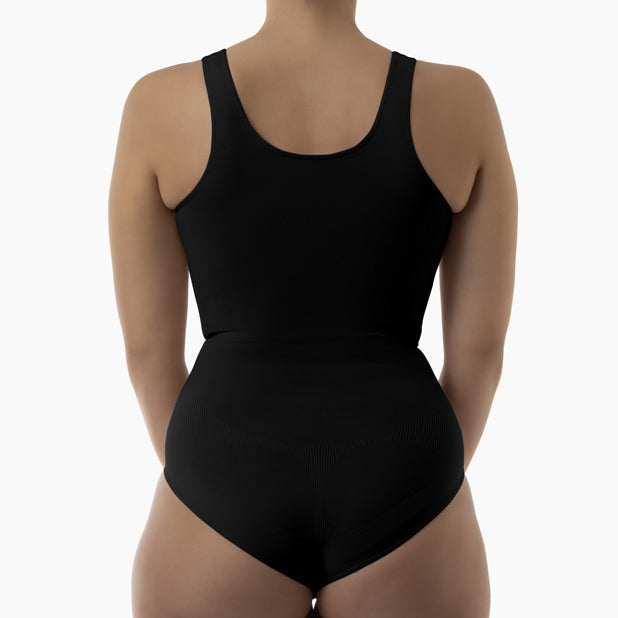 Black bodysuit worn by a mannequin on a white background