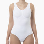 White bodysuit worn by a mannequin on a white background