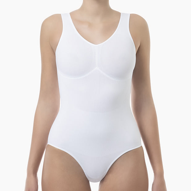 White bodysuit worn by a mannequin on a white background