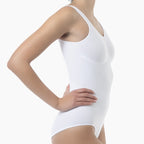 White bodysuit worn by a person on a white background