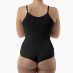 Black bodysuit worn by a mannequin on a white background