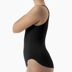 Black bodysuit worn by a mannequin on a white background