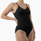 Black one-piece swimsuit worn by a model on a white background