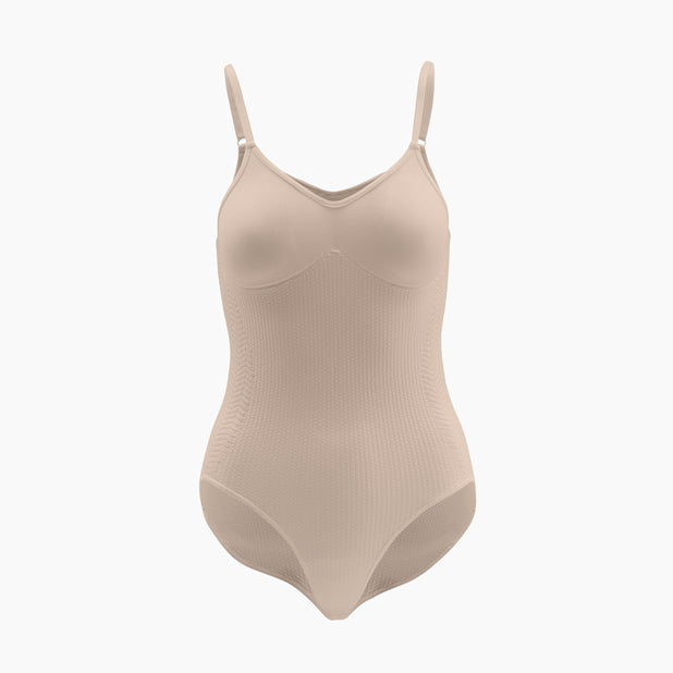 Beige bodysuit with thin straps on a white background