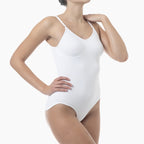 White bodysuit worn by a model on a white background
