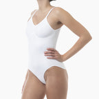 White bodysuit worn by a person on a white background