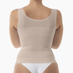 Beige tank top worn by a mannequin on a white background