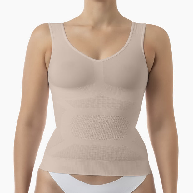 Beige compression tank top on a mannequin against a white background