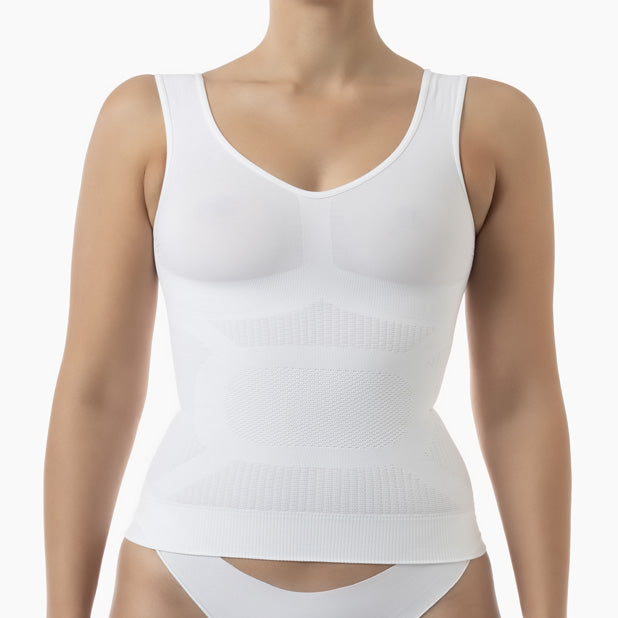 White tank top worn by a mannequin on a white background