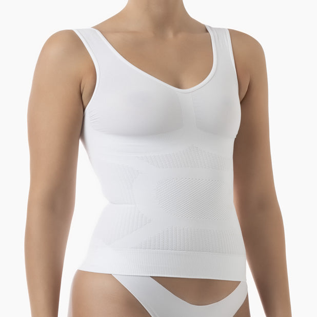 White tank top worn by a mannequin on a white background