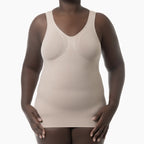 Beige tank top worn by a model on a white background