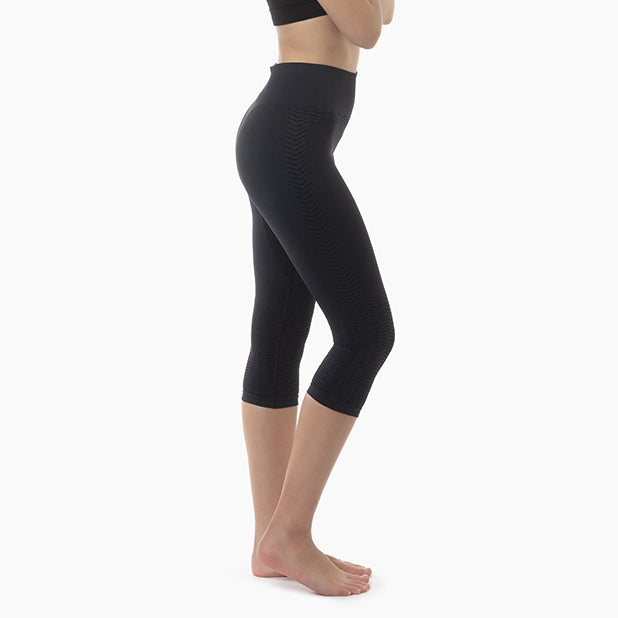 Person wearing black capri leggings on a white background