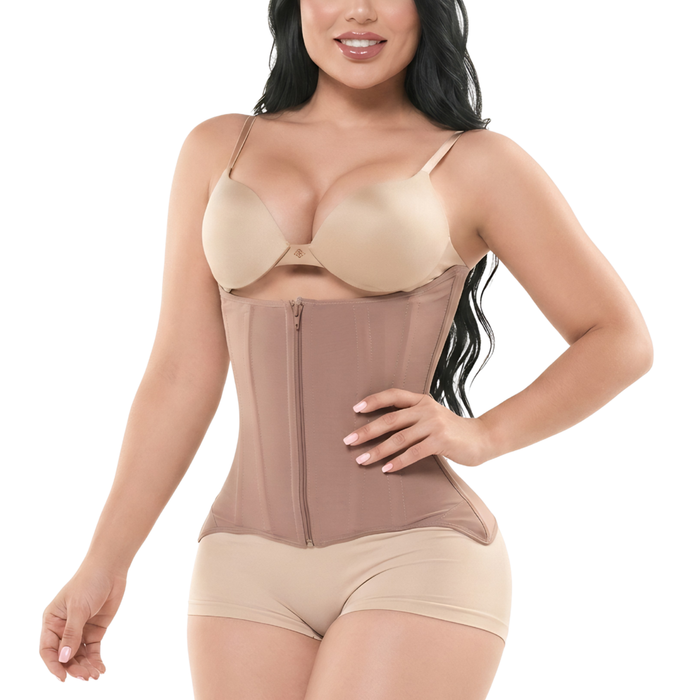 Colombian waist trainer corset with front zipper in nude mocha color for waist shaping and tummy control