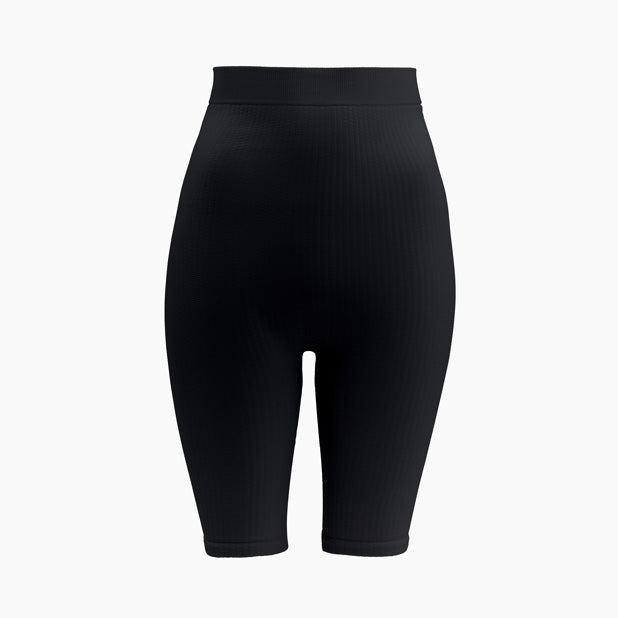 Black high-waisted compression shorts on a white background