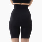 Black high-waisted shapewear shorts on a white background
