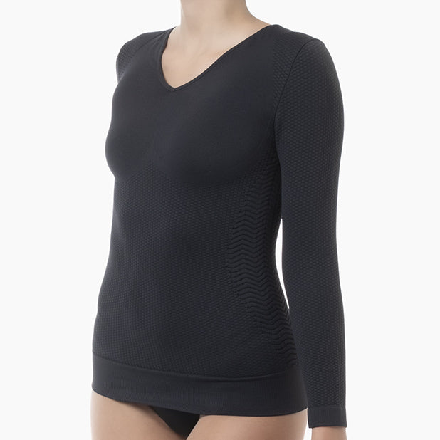 Black long-sleeve top on a white background