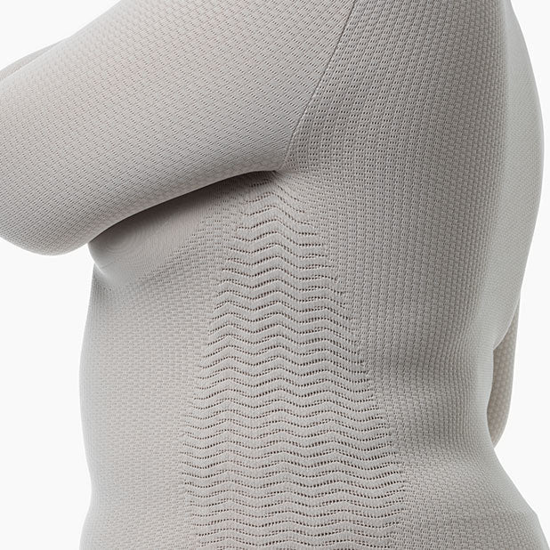 Close-up of a gray textured sweater on a white background