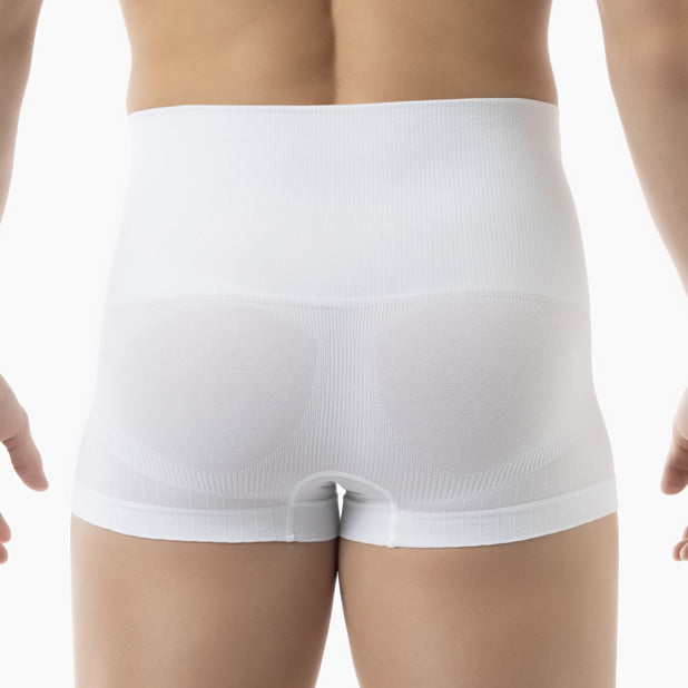 White underwear worn by a person on a white background