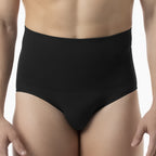 Black high-waisted underwear worn by a person on a white background