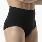 Black high-waisted underwear worn by a person on a white background