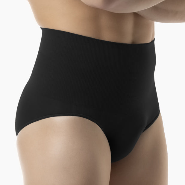 Black high-waisted underwear worn by a person on a white background