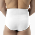 White underwear worn by a person on a white background