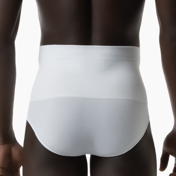 White underwear worn by a person on a white background