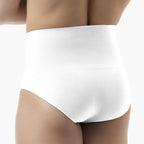 White underwear worn by a person on a white background