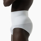 White underwear worn by a mannequin on a white background
