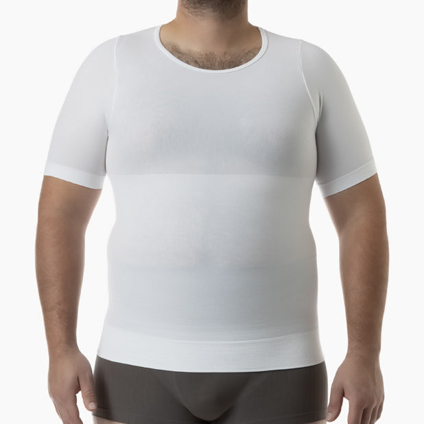 Person wearing a white compression shirt on a white background