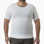 Person wearing a white compression shirt on a white background