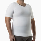 Person wearing a white compression shirt on a white background