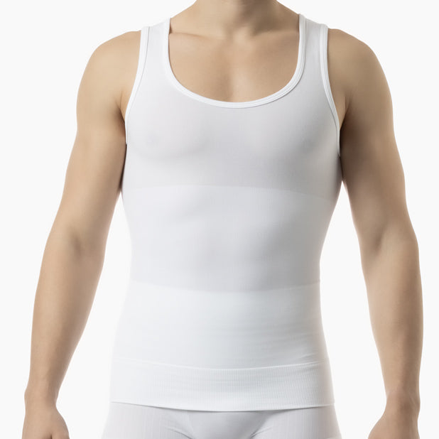 White tank top worn by a person on a white background