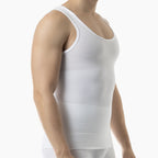White tank top worn by a person on a white background