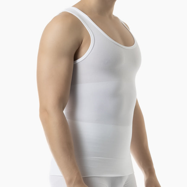 White tank top worn by a person on a white background