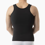 Black tank top worn by a person on a white background