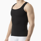 Person wearing a black tank top on a white background