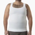 Person wearing a white tank top on a white background