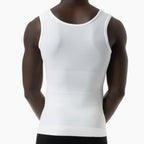 White tank top worn by a person on a white background