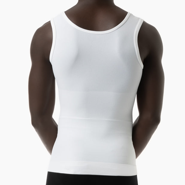 White tank top worn by a person on a white background