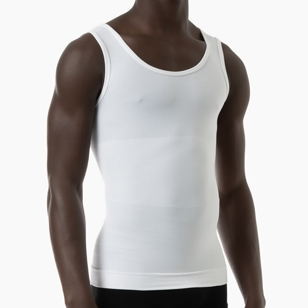 White tank top worn by a person on a white background