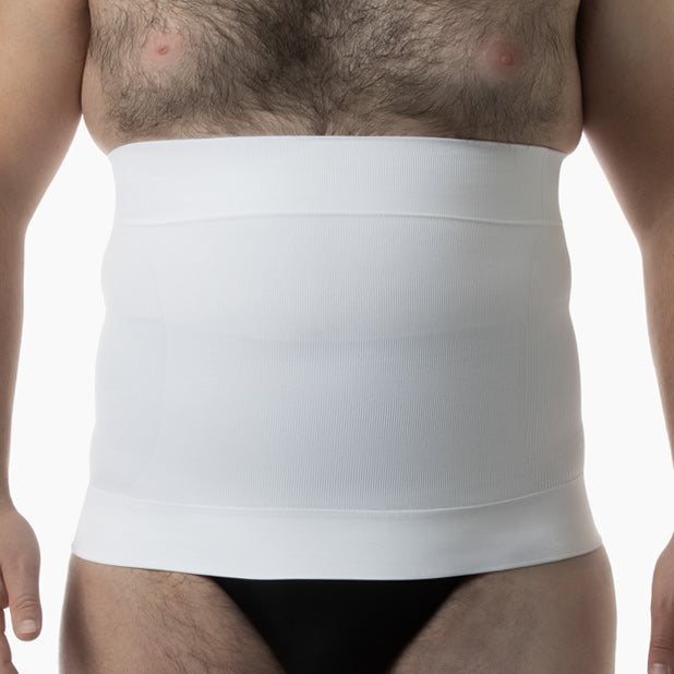 White waist trainer worn by a person on a white background