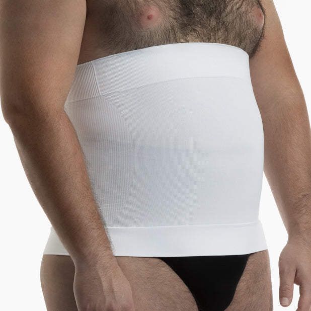 White compression garment worn by a person on a white background