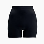 Black high-waisted shorts on a white background