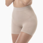 Beige shapewear shorts on a white background