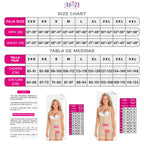 Size chart for a shapewear product with measurements in inches and centimeters, featuring a model wearing the product.
