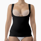Black shapewear garment worn by a model on a white background