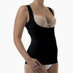 Black shapewear garment worn by a model on a white background