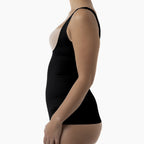 Black tank top worn by a mannequin on a white background