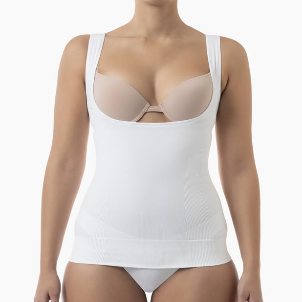 White shapewear garment worn by a model on a white background